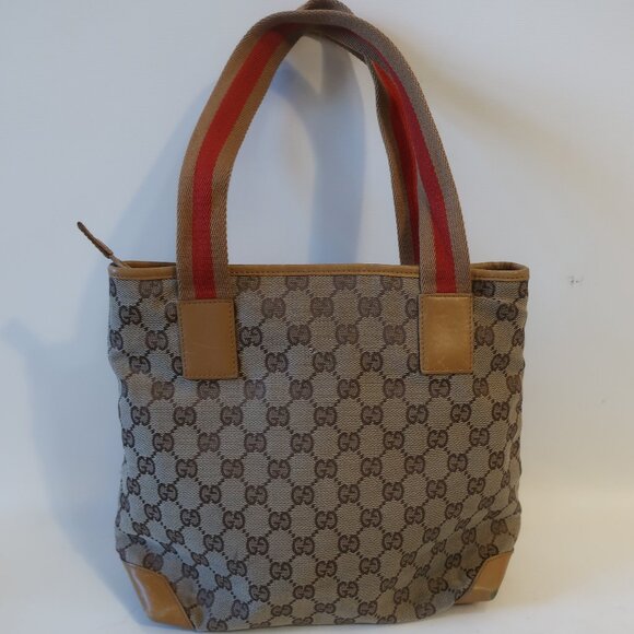 Authentic Gucci Taupe Brown Canvas Leather Shoulder Tote Handbag - Picture 6 of 16